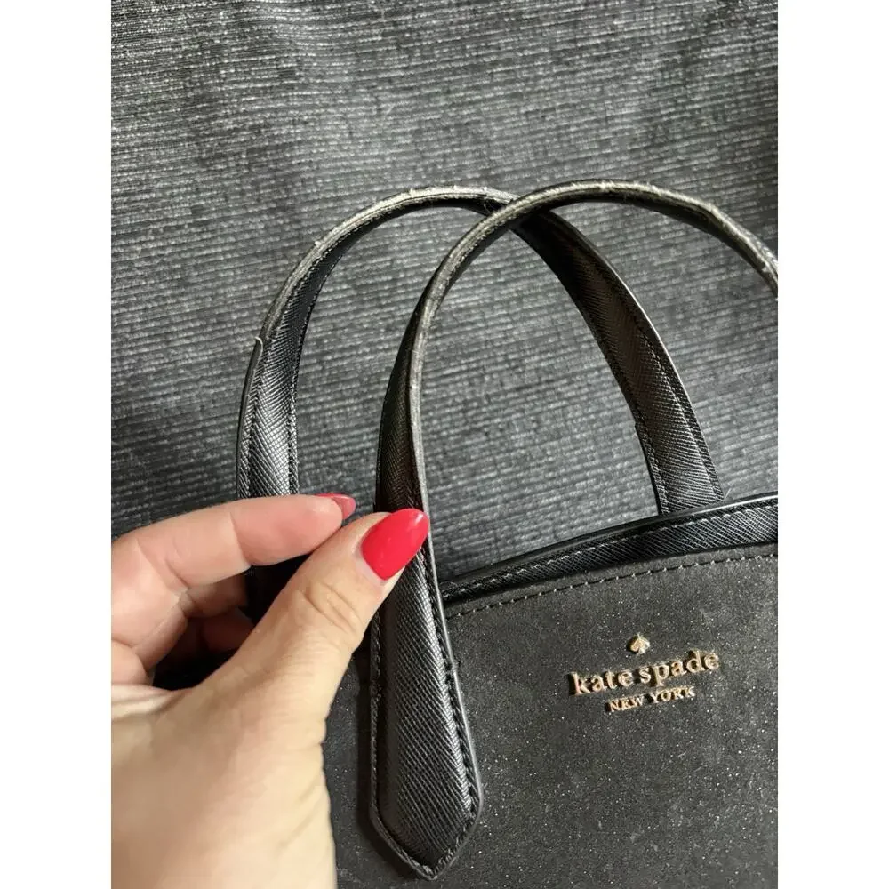 Kate Spade Tinsel Glitter Black Crossbody Bag Satchel Purse Gold Hardware Zip